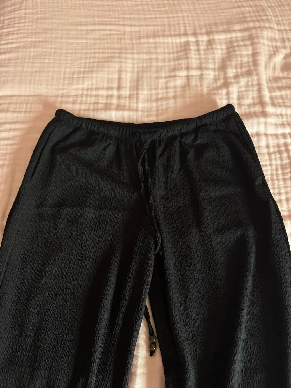 Textured Low Rise Drawstring Flare Leg Pants